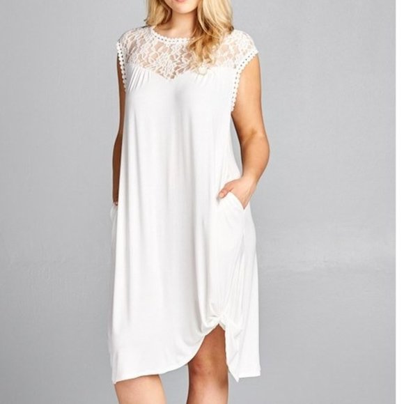Boutique Dresses White Jersey Dress With Lace Neckline Poshmark